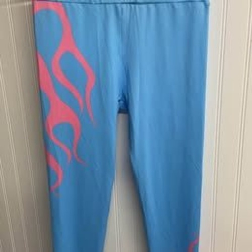 Kill Alien Blue Pink Flame Graphic Leggings Size Large Y2K Streetwear Pants